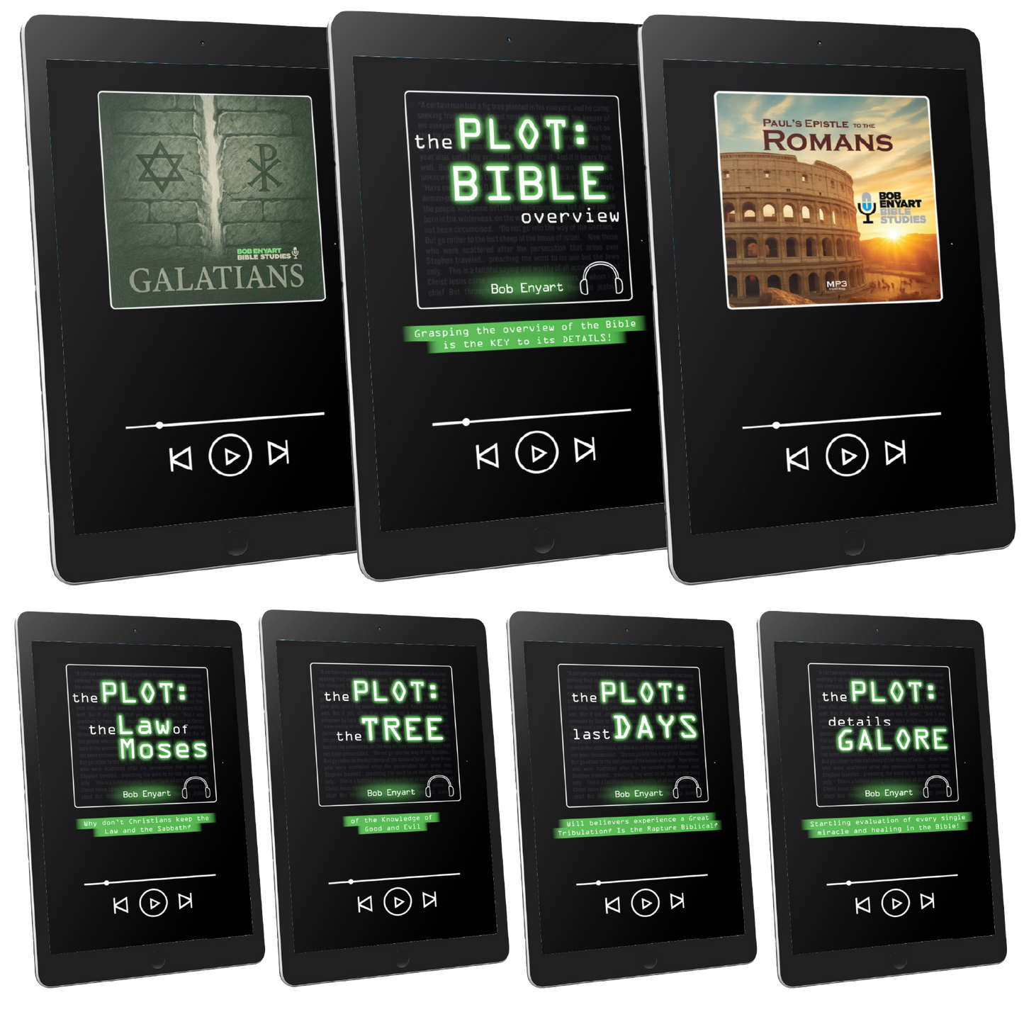 Audiobook set by Bob Enyart, featuring titles such as "Galatians", "Romans", and "The Plot".