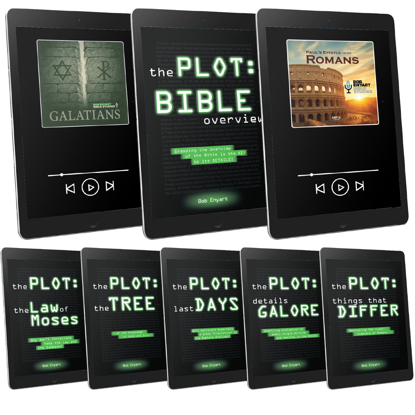 Digital bible study ebook bundle by Bob Enyart featuring "Galatians," "Romans" plus "The Plot" ebook set on black tablets.