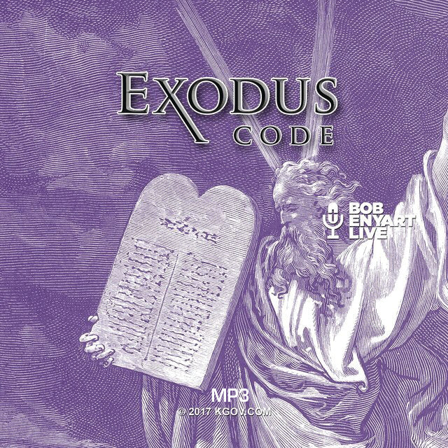 Exodus Code audiobook by Bob Enyart Live, purple textured cover with white line art of Moses holding stone tablets, radiant beams above, front view