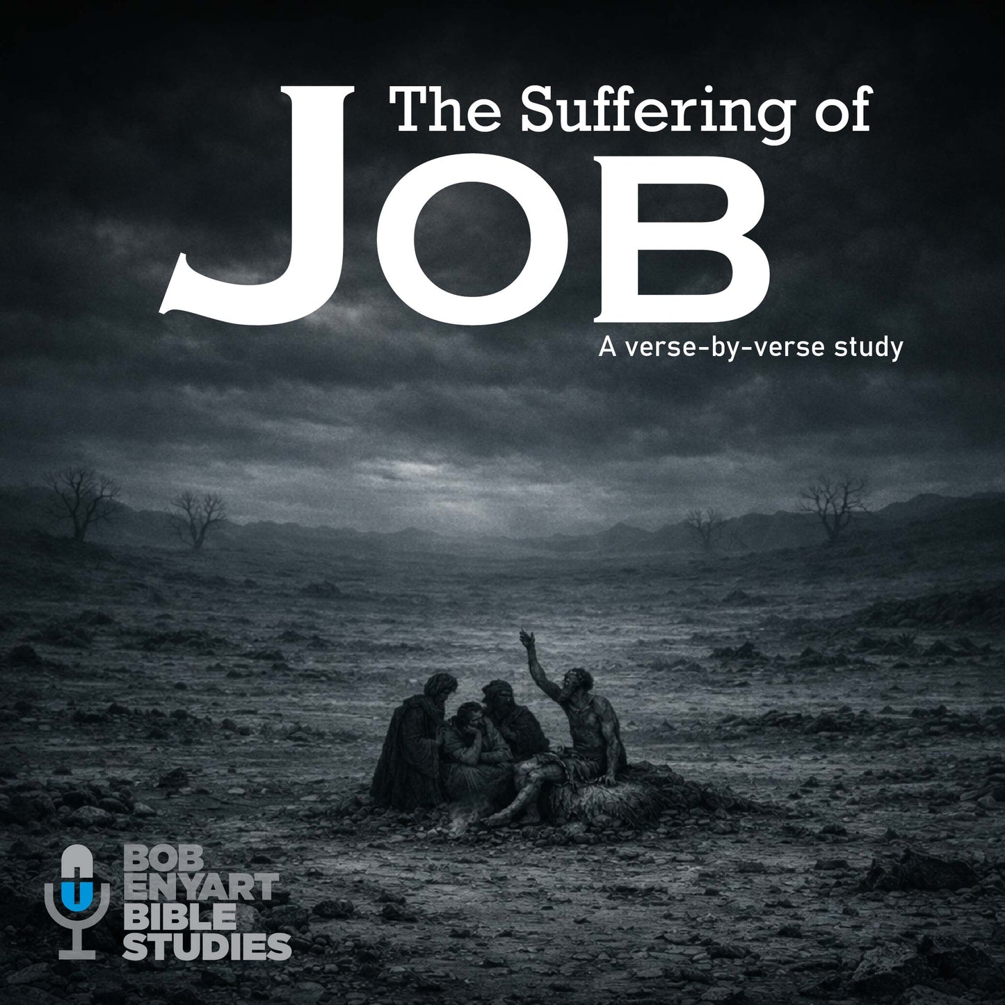 Job audiobook by Bob Enyart Bible Studies, with an illustration of Job in mourning with friends.