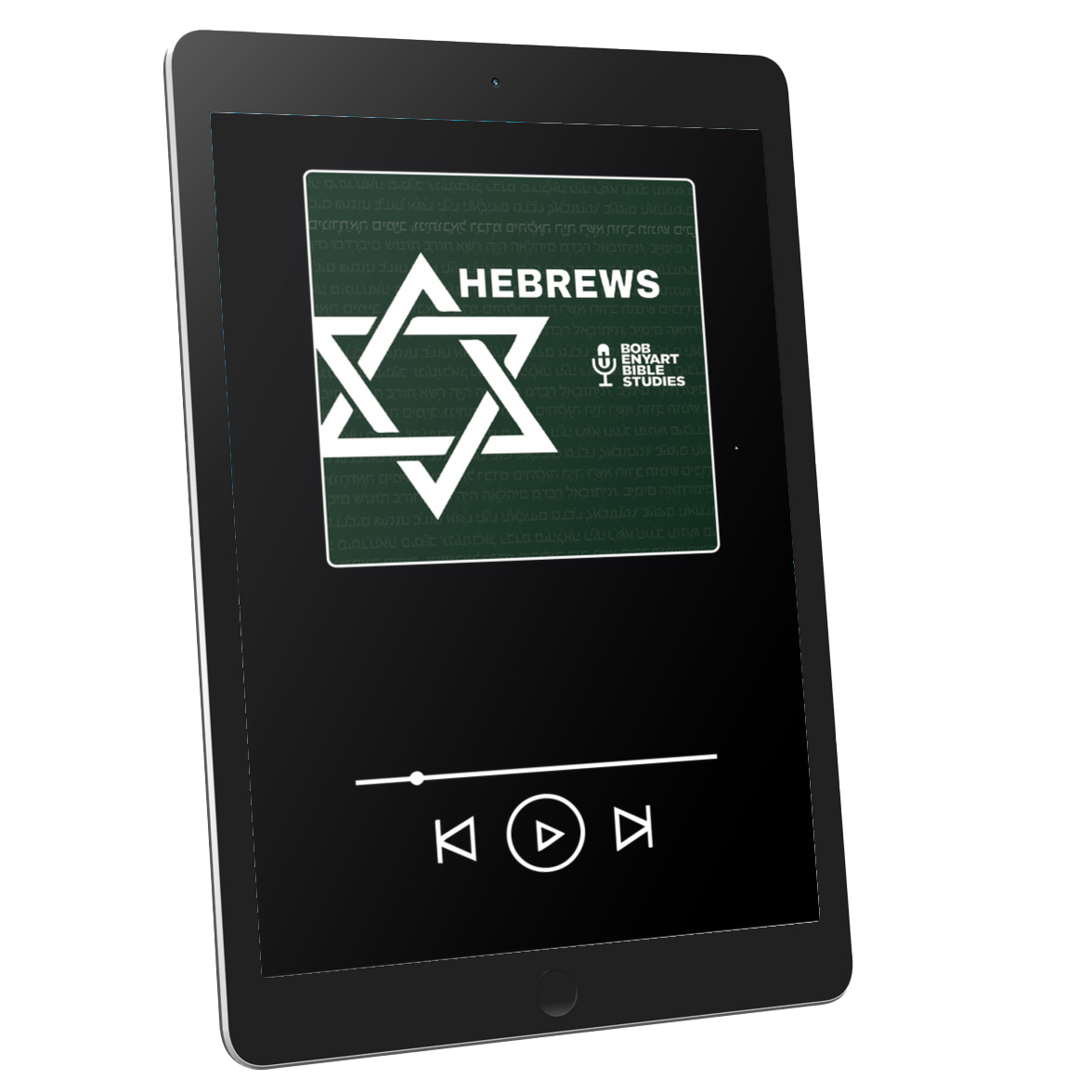 Audiobook, Hebrews - A Bob Enyart Bible Study, by Bob Enyart Bible Studies, displayed on a tablet with Hebrew text.
