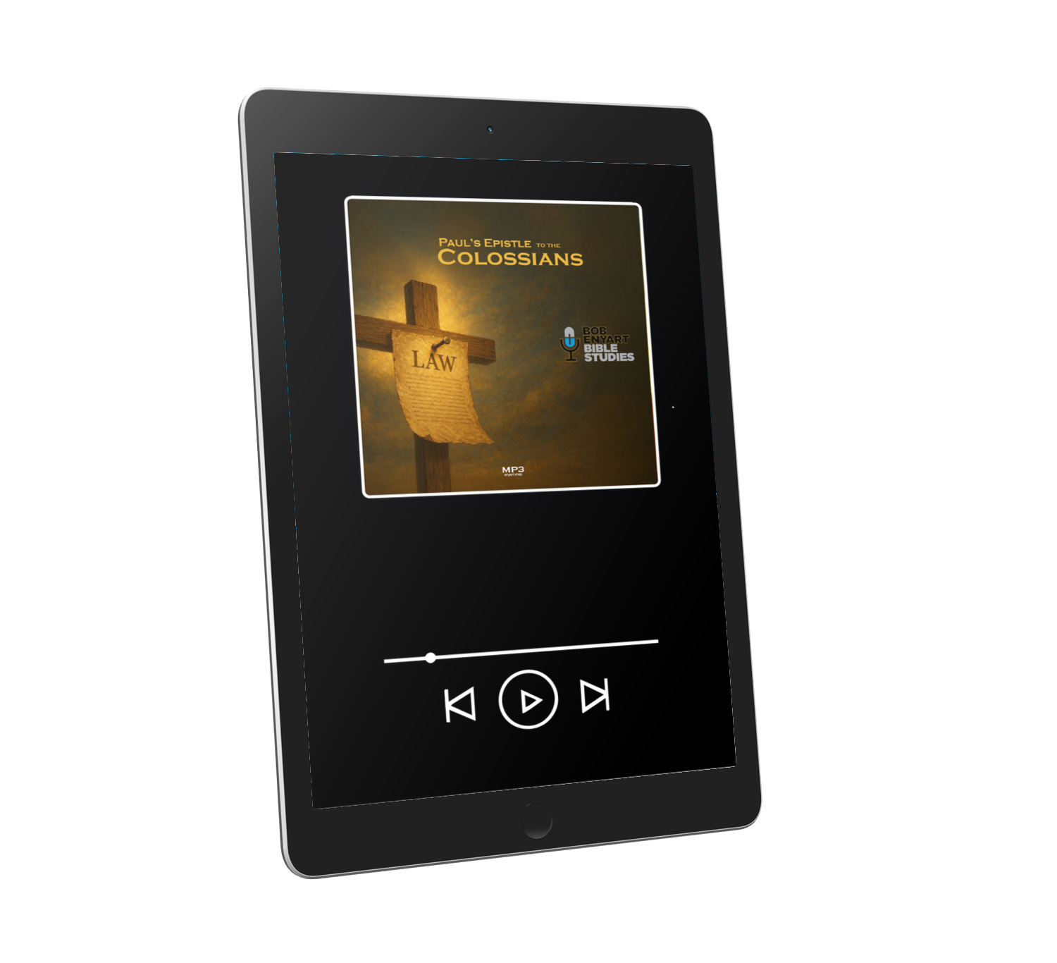Audiobook of Colossians by Bob Enyart Bible Studies, displayed on a tablet screen with playback controls.