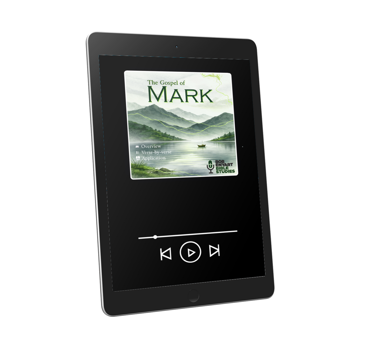 Audiobook "Mark: A Bob Enyart Bible Study" by Bob Enyart Bible Studies on a tablet screen, displayed against a dark background.
