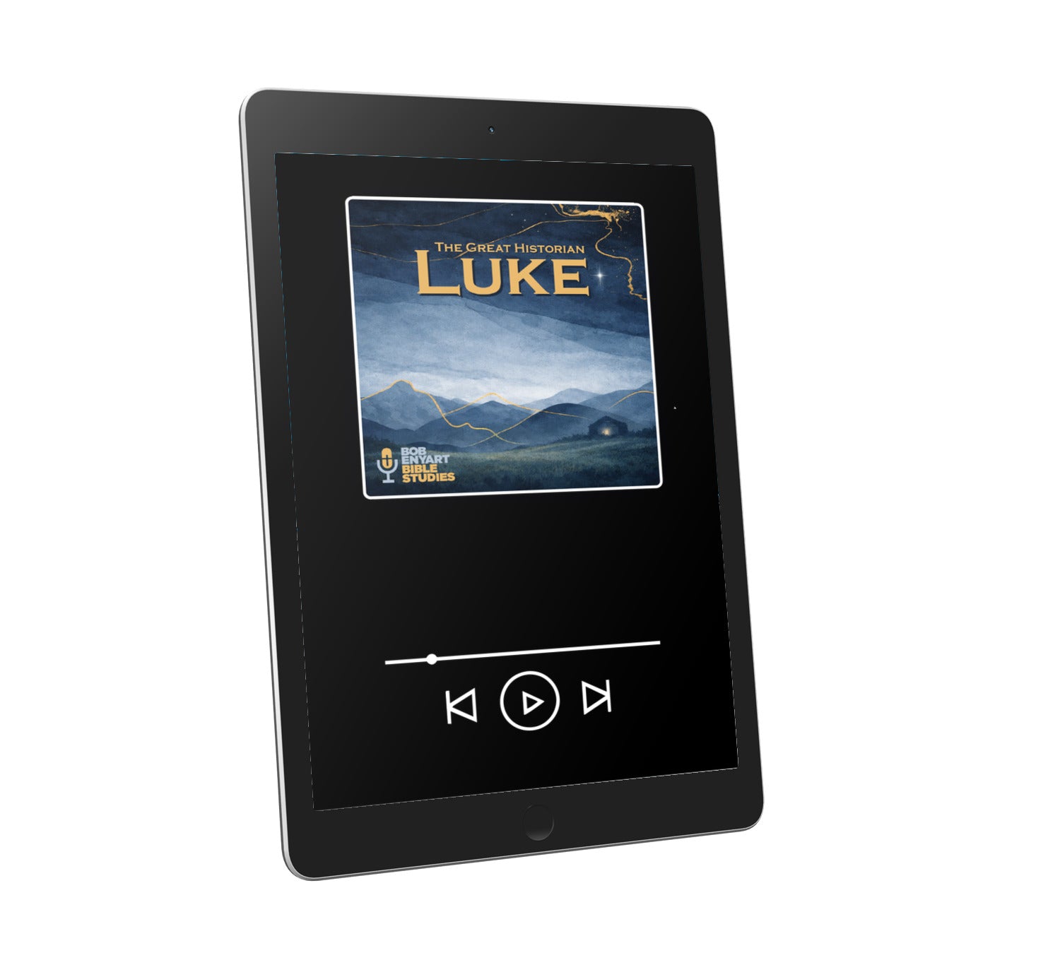 Audiobook of Luke by Bob Enyart Bible Studies, displayed on a black tablet with play controls visible.