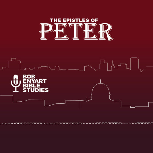 Audiobook, "The Epistles of Peter" by Bob Enyart Bible Studies, featuring a white cityscape on a maroon background.