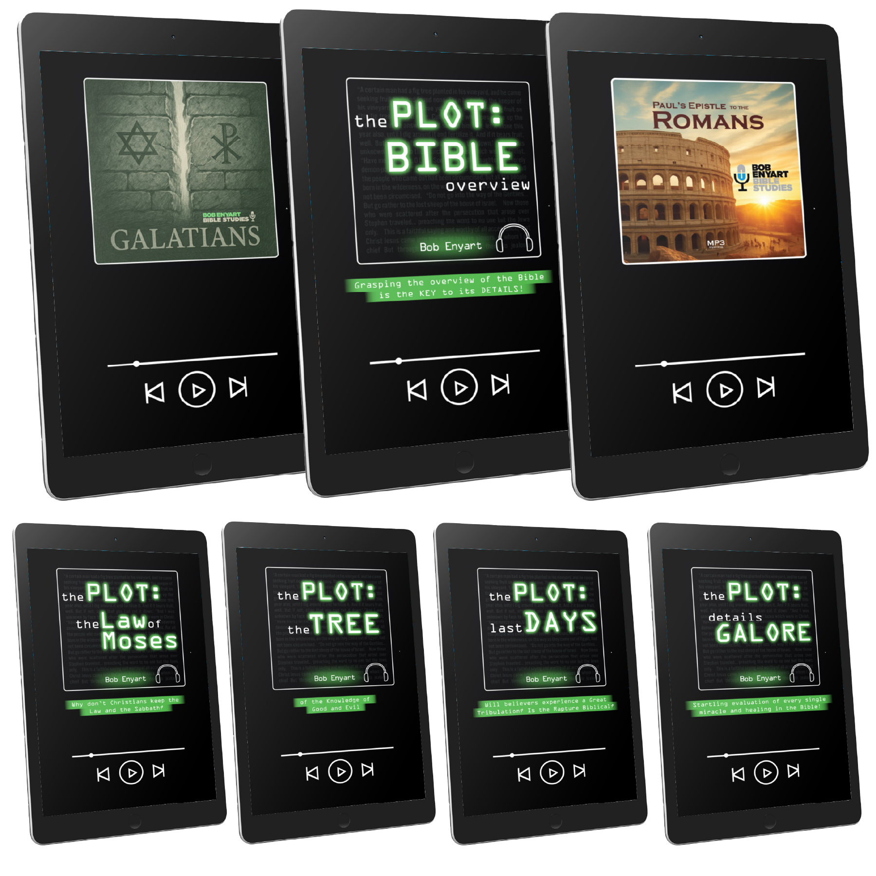 Audiobook set by Bob Enyart, featuring titles such as "Galatians", "Romans", and "The Plot".