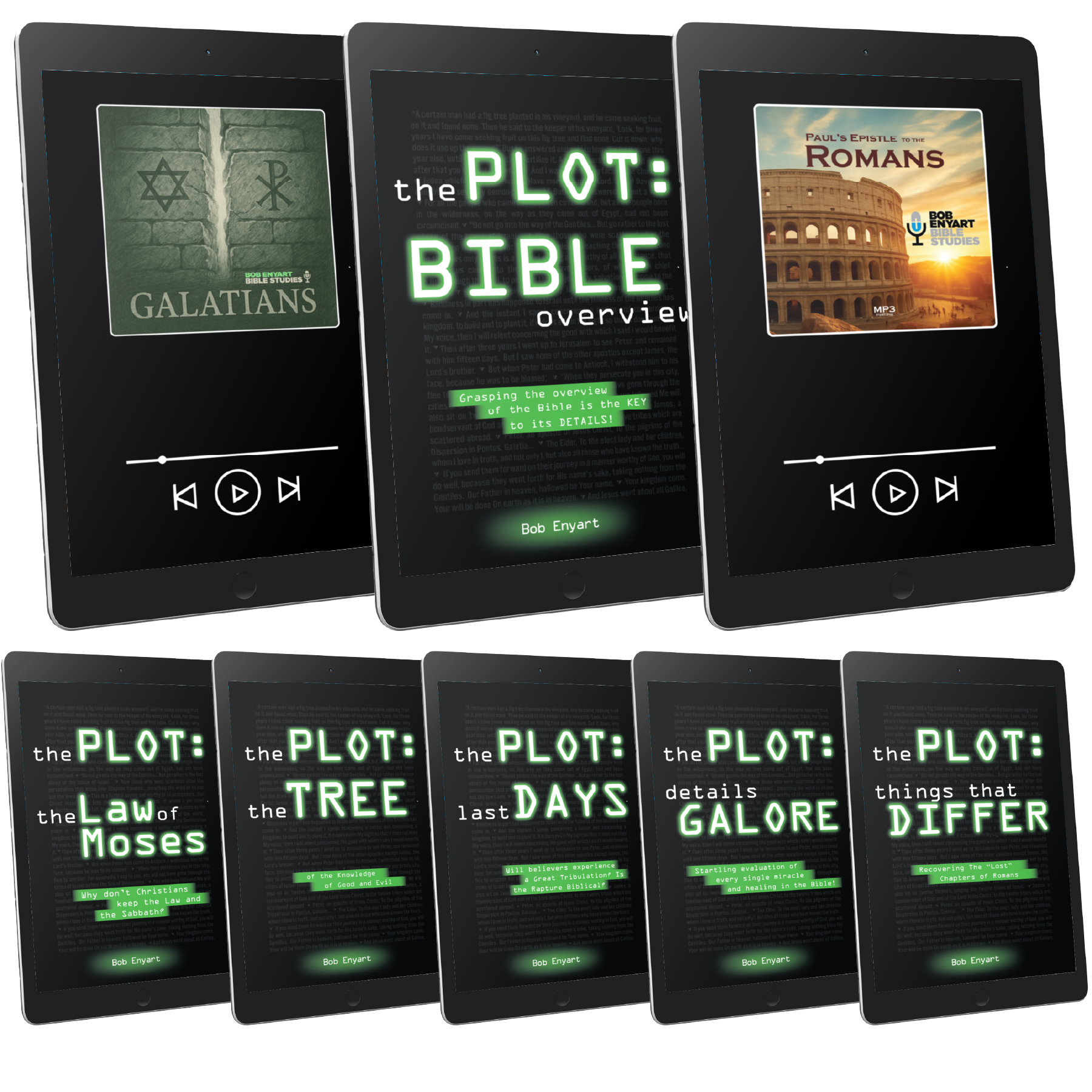 Digital bible study ebook bundle by Bob Enyart featuring "Galatians," "Romans" plus "The Plot" ebook set on black tablets.
