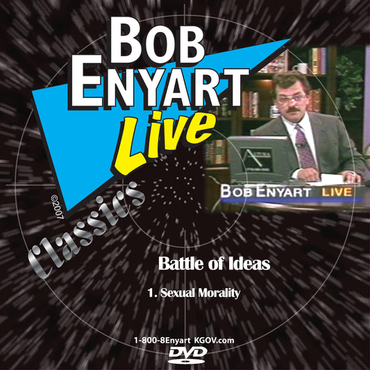 Battle of Ideas 5-video special DVD by Bob Enyart Live, featuring bold blue and yellow text, black background with radial lines, and a man in suit at desk.
