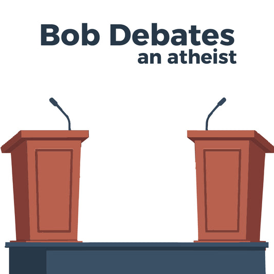 Two brown wooden debate podiums with black microphones on a dark blue stage, text above reads "Bob Debates an atheist" in bold dark gray font, front view, minimalist illustration.