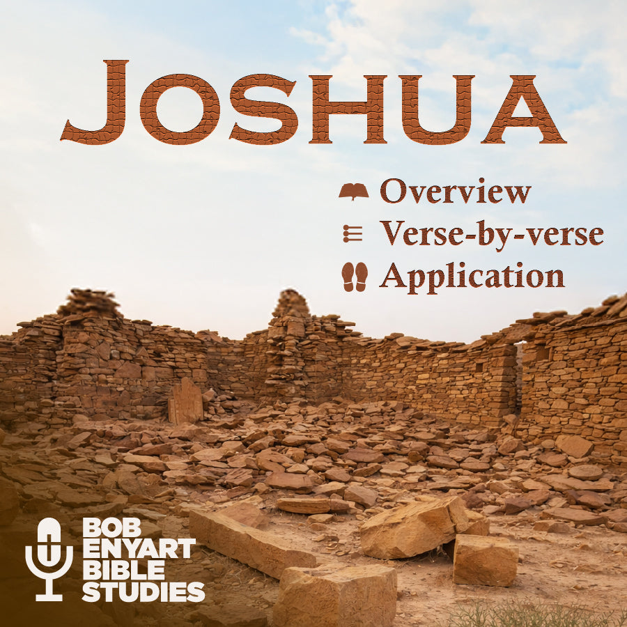 Joshua audiobook by Bob Enyart Bible Studies, title text overlaying an ancient stone ruin landscape.
