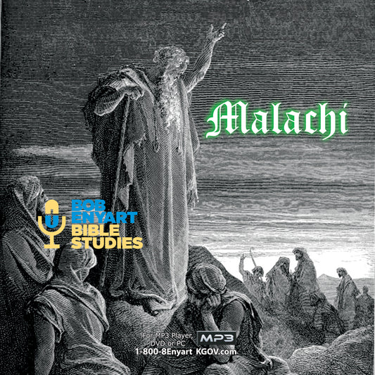 Malachi audiobook cover by Bob Enyart Bible Studies, featuring a black-and-white illustration of a prophet preaching to a gathered crowd, with green title text and MP3 format label.