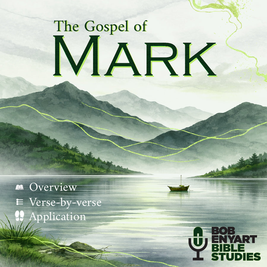 Audiobook of the Gospel of Mark by Bob Enyart, with a lake and mountain illustration.
