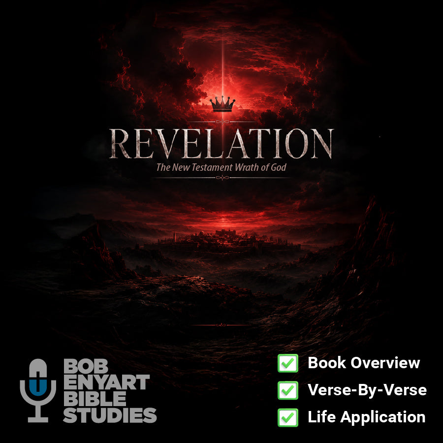 Revelation audiobook by Bob Enyart Bible Studies, dark red apocalyptic sky with crown, city below, textured clouds, bold title text, microphone logo, feature checklist