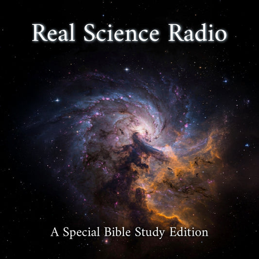 Special edition Bible study audiobook by Real Science Radio featuring a cosmic galaxy background with swirling purple, blue, and orange nebulae and scattered stars.