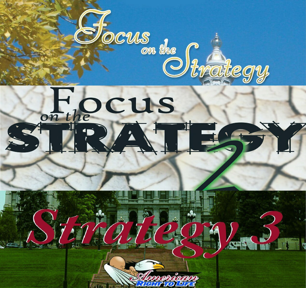Focus on the Strategy Trilogy artwork featuring three panels with stylized text, golden leaves, cracked stone, and a building with an eagle and baby motif.