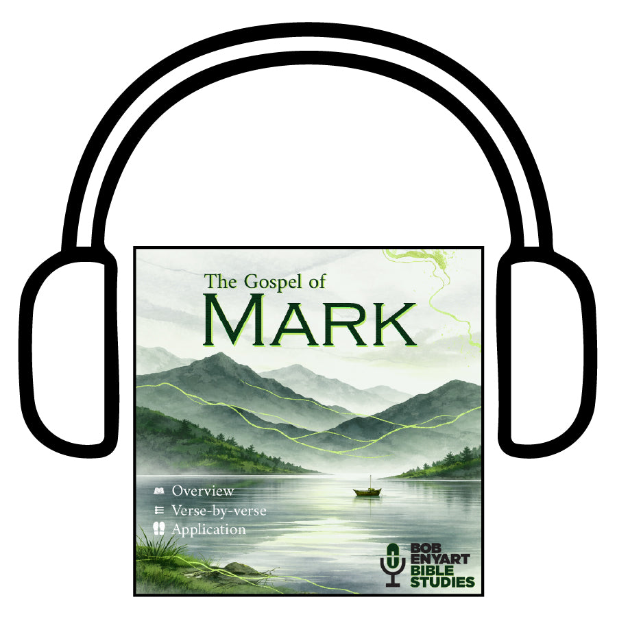 Audiobook of the Gospel of Mark by Bob Enyart Bible Studies, seen within a pair of headphones.

